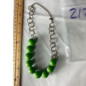 Green Chunky Bead Statement Necklace Silver Tone Circle Link Chain 20 Inch